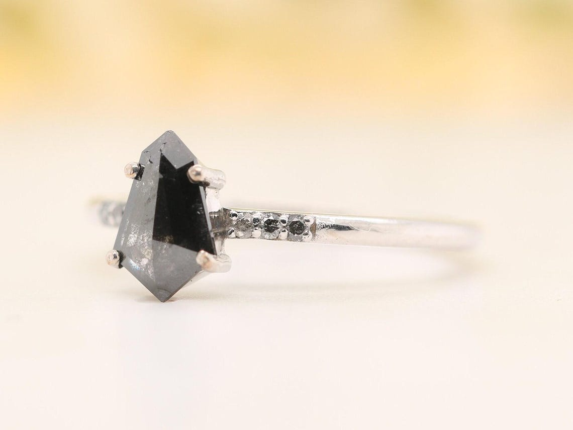 Salt and Pepper Diamond Ring | Shield Cut Black Diamond Engagement Ring | Simple Fancy Ring for Women | Gift for Her