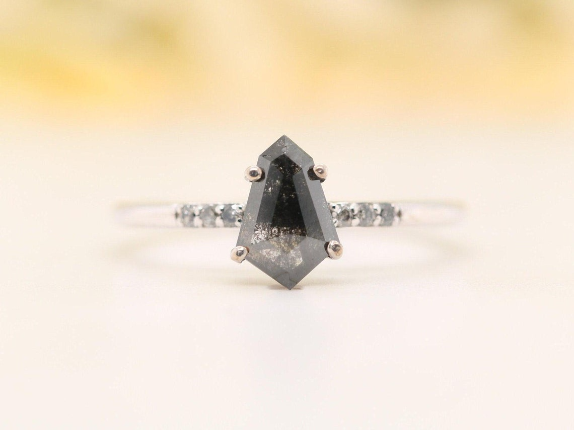 Salt and Pepper Diamond Ring | Shield Cut Black Diamond Engagement Ring | Simple Fancy Ring for Women | Gift for Her